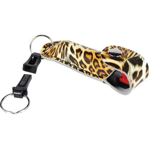 Wildfire™ Pepper Spray 1.4% MC 1/2 oz Black and Orange Leopard Print Leatherette Holster and Key Chain Side View