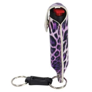 Wildfire™ Pepper Spray 1.4% MC 1/2 oz Purple Leopard Print Leatherette Holster and Key Chain Side View