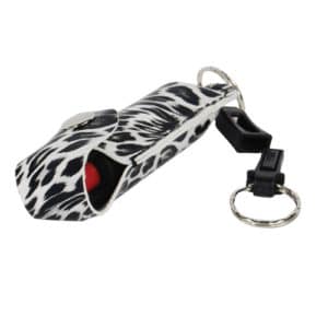 Wildfire™ Pepper Spray 1.4% MC 1/2 oz Black and White Leopard Print Leatherette Holster and Key Chain Side View