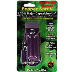 Pepper Shot 1/2 oz Pepper Spray Purple Leatherette Holster Viewed in Blister Pack