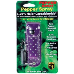 Pepper Shot 1.2% MC 1/2 Ounce Pepper Spray Purple Rhinestone Leatherette Holster Quick Release Keychain Viewed in Blister Packaging