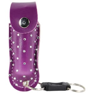 Purple Pepper Shot 1/2 Ounce Pepper Spray Rhinestone Leatherette Holster Quick Release Key chain Front View
