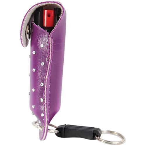 View From Side of Pepper Shot 1/2 Ounce Pepper Spray Purple Rhinestone Leatherette Holster Quick Release Keychain