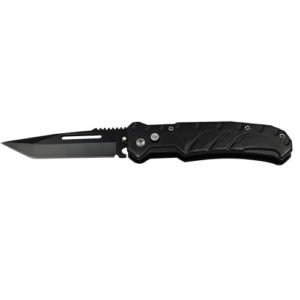 Black 8" Automatic Knife with Safety Lock Viewed with 3.5 Inch Blade Opened