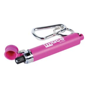 Pink Mace Keyguard® Mini Pepper Spray with Key Chain Laying Down View Showing Hinged Safety Cap Opened