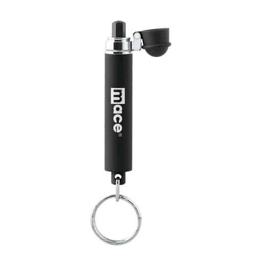 Mace Keyguard® Black Mini Pepper Spray Keychain Front View with Flip Top Opened
