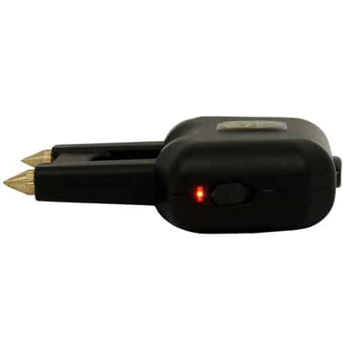 Black Stun Gun Spikes Side View Showcasing Safety Switch and Power Light
