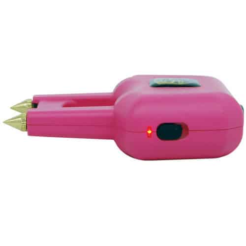 Pink Stun Gun with Spikes Viewing Side that Showcases the Safety Switch and Power Light