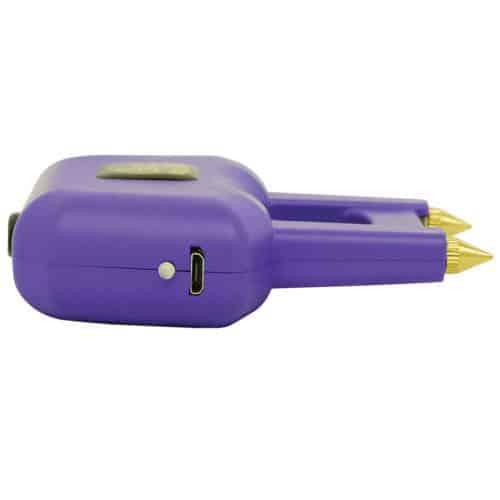 Purple Stun Gun with Spikes Side View of Button and USB Charging Port