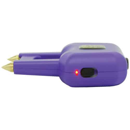 Side View of Purple Stun Gun with Showcasing Safety Switch and Power Light