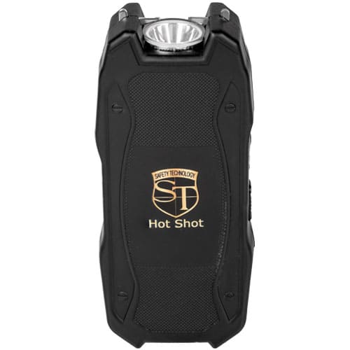 Black Hot Shot Stun Gun Front View and View of Built in LED Flashlight