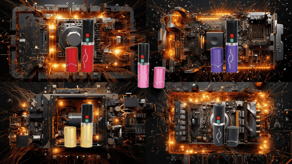 All colors of the Lipstick stun guns over top of simulated circuits and electricity