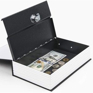 book safe opened showing money in the hidden compartment