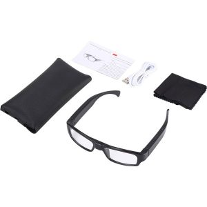 Spy camera glasses shown with everything that is included laid out on a table.