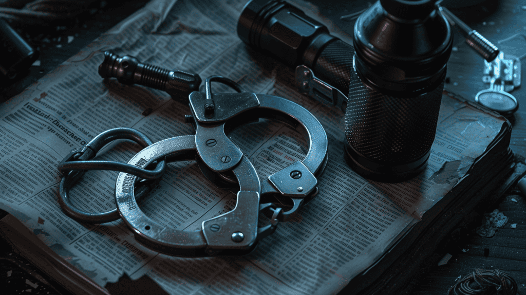 Metal Handcuffs on a book with other self defense items laying around