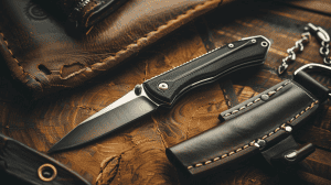 self defense folding knife on a wooden table opened next to a sheath