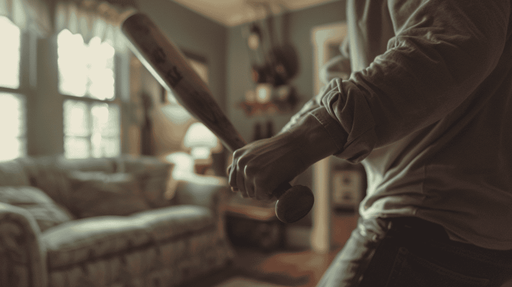 man in his home with a bat for self defense