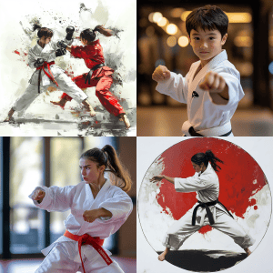 four different scenes of Tae Kwon Do students showing their skills in self defense