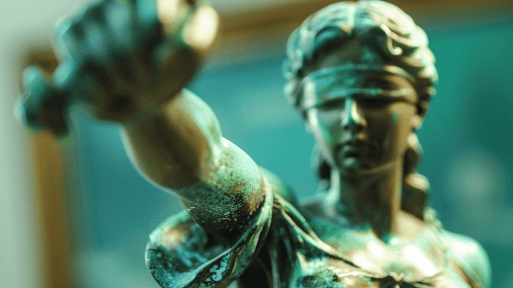 Lady justice with an outstretched hand holding and object with a blindfold on. As Justice is blind.