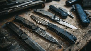 different folding knives and fixed blades laid out on a table