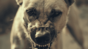 close up of an aggressive dog yellow in color