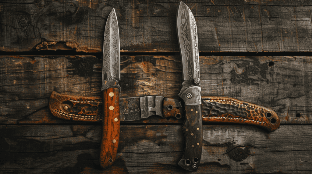 A detailed comparison of a folding knife and a fixed blade knife, highlighting their unique designs, mechanisms, and functionalities, set against a wooden background with natural lighting.