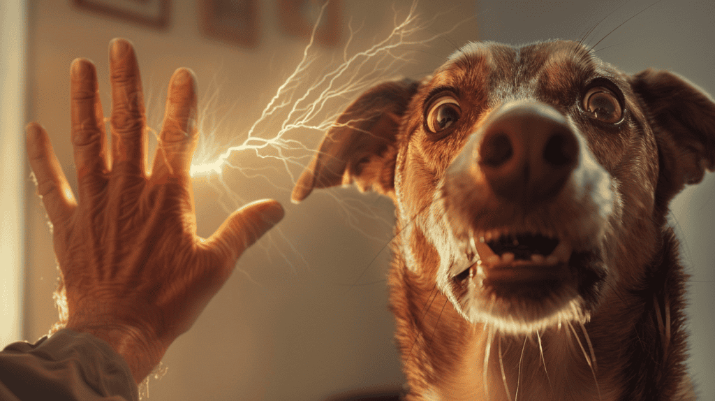 A dramatization of a dog surprised by an electric shock of a stun gun illustrated as electricity