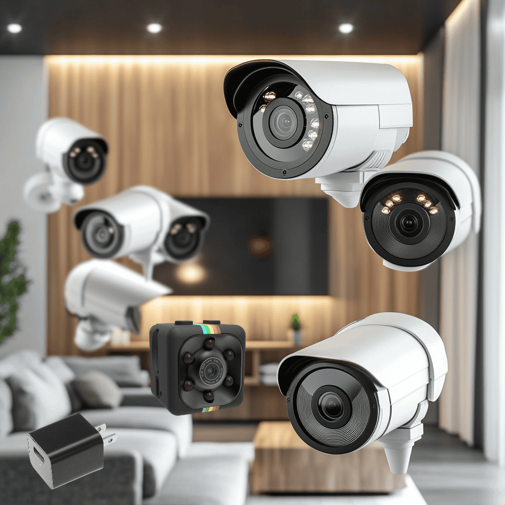 a collection of security and hidden cameras transposed over an image of a home living room.