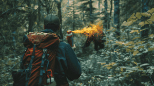 Hiker in the wild using bear spray against a wild bear