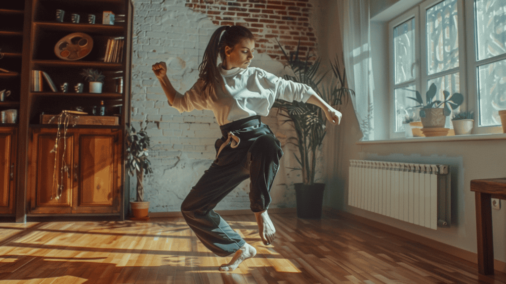 Woman practicing self-defense in a room in her home.