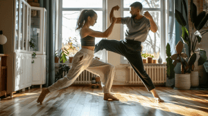 Two people practicing self defense in their home