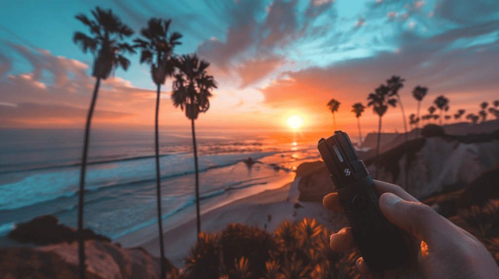 Person holding a stun gun with the California coast line in the background