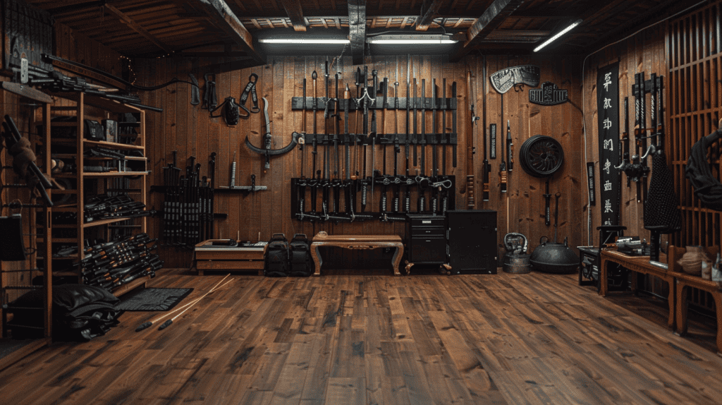 images of martial arts weapons for self defense shown in a dojo