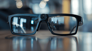 front view of a Pair of hidden camera glasses laying on a table with a large simulated camera in the center of the frames where the real hidden camera would be stored.