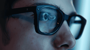 Person wearing hidden camera glasses looking to the right with a simulated camera in the left eye.