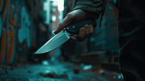 close up of an opened folding knife used for self defense shown in a mans hand with an alley as the background