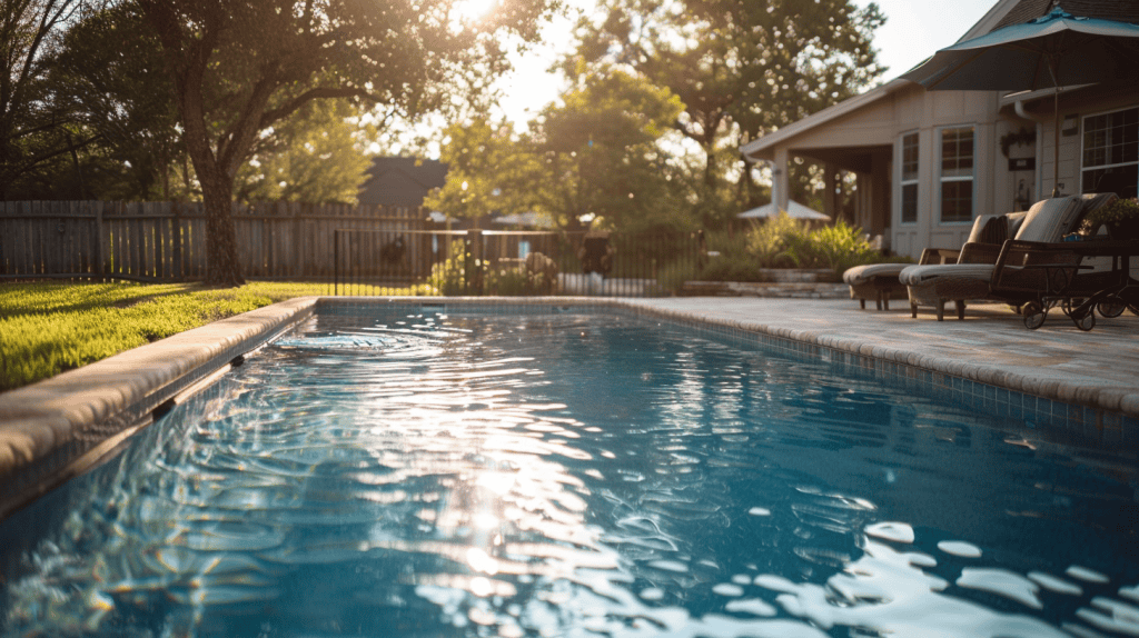 inground pool in a backyard at sunset waiting for a pool alarm to be installed