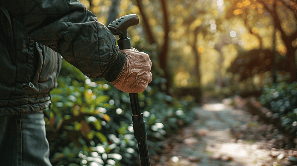 Man walking down a trail in the outdoors using his stun gun walking cane.