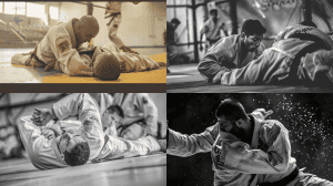 Brazilian Jiu Jitsu artists practicing various ground self defense techniques 