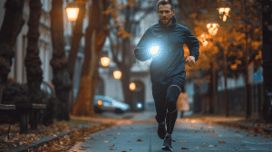 male runner with a tactical flashlight at sunset.
