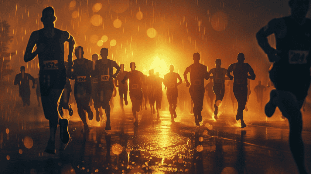 Group of runners in a marathon with the sun setting behind them