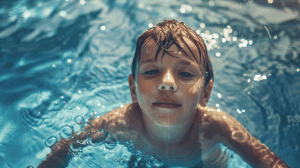 young child in a pool swimming. This is a reason to have safety measure for your pool.