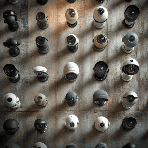 security cameras, dummy cameras and covert cameras all mounted together on a large wall