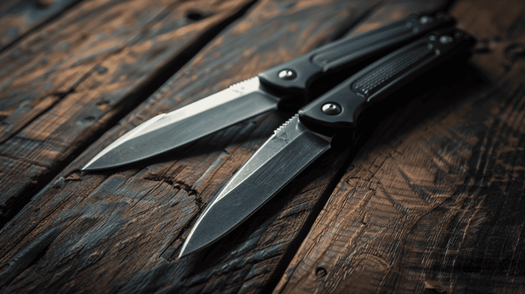 Two folding knifes for self defense laid out on a wooden table