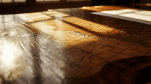 Wooden desk with a map on it.