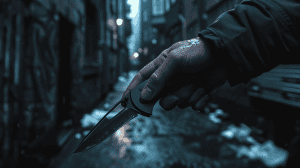 Man's hand shown holding a folding knife in the down positions while in a dark and dirty alley way.