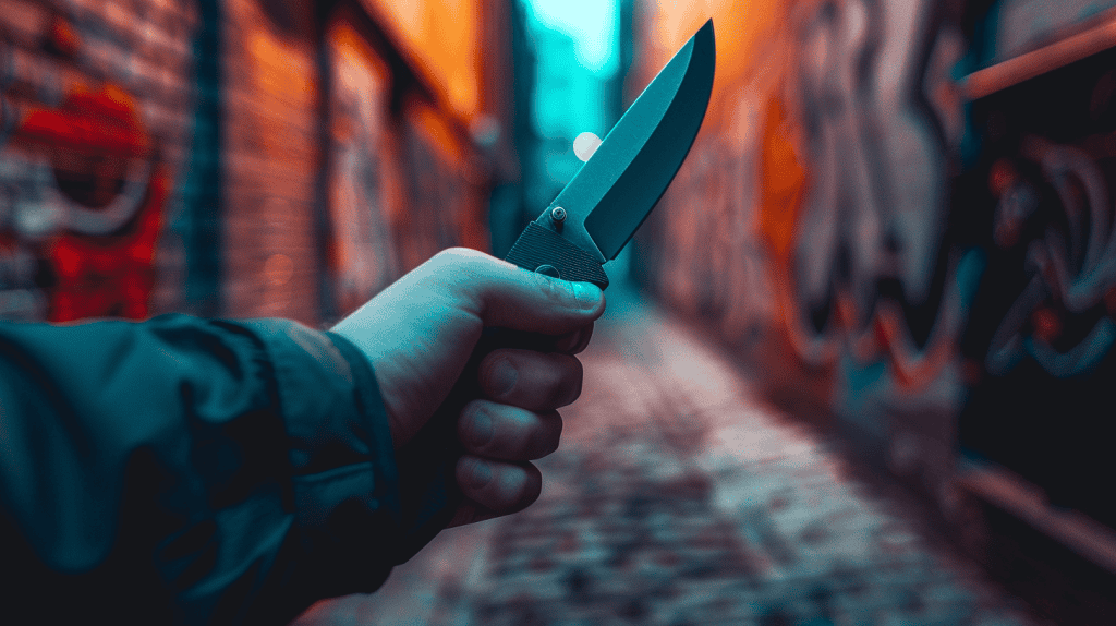 Man's hand holding a folding knife for self defense in an ally with graffiti on the walls