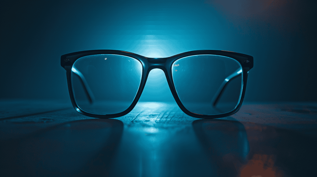 Covert spy glasses laying on a table with a light shinning in the background